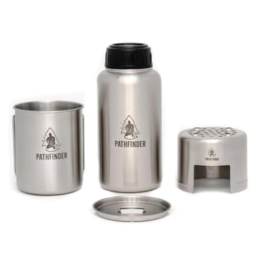 The Pathfinder School Stainless Steel 32oz Water Bottle Cup with Bat Wing Handles and Stove Set