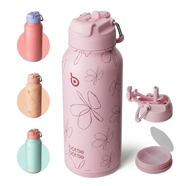 BOTTLE BOTTLE 32 oz Insulated Water Bottle Stainless Steel Sport Water Bottle with Straw Dualuse Lid Design for Gym with Pill Box pink flower