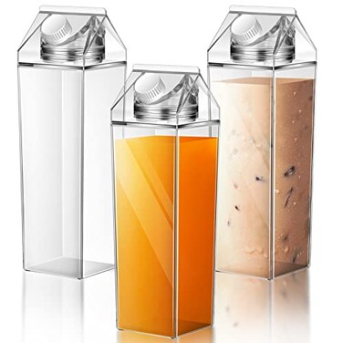 Remerry 3 Pcs 34oz Milk Carton Water Bottle Square Plastic Coffee Portable Reusable Milk Carton Cup Leakproof Juice BottleClear