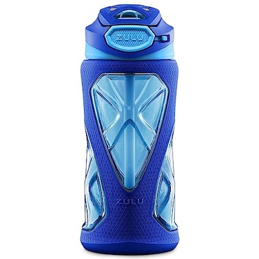 ZULU Torque 16oz Plastic Kids Water Bottle with Silicone Sleeve and LeakProof Locking Flip Lid Soft Touch Carry Loop for School Backpack Lunchbox BPAFree Dishwasher Safe Mojo Blue