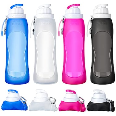 Zopeal 4 Pieces Collapsible Water Bottles Roll up Folding Silicone Foldable Leak Proof Water Bottles for Sports Traveling Riding Camping Hiking Backpack