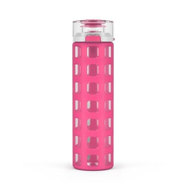 Ello Syndicate 20oz Reusable Glass Water Bottle with OneTouch Leak Proof Flip Lid and Protective NonSlip Silicone Sleeve and Carry Loop for Coffee Tea and Water BPAfree Dishwasher Safe Pink