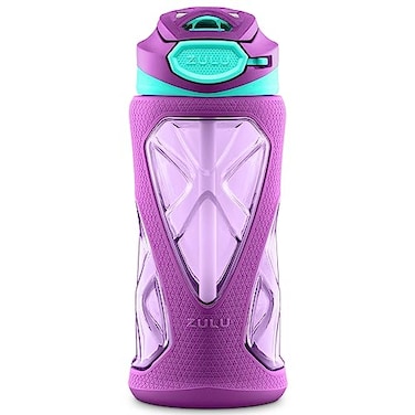 ZULU Torque 16oz Plastic Kids Water Bottle with Silicone Sleeve and LeakProof Locking Flip Lid Soft Touch Carry Loop for School Backpack Lunchbox BPAFree Dishwasher Safe Purple