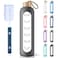 PROBTTL 32 Oz Borosilicate Glass Water Bottle with Time Marker Reminder Quotes 1 Liter Leak Proof Reusable BPA Free Motivational Water Bottles with Silicone Sleeve and Bamboo Lid Grey