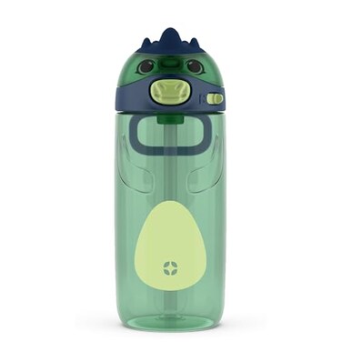 Ello Ellies 16oz Plastic Kids Water Bottle with Straw and Builtin Carrying Handle and LeakProof Locking Lid for School backpack Lunchbox and Outdoor Sports Dino