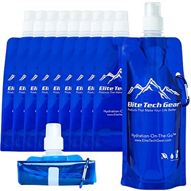 Elite Tech Gear Elite Screens Collapsible Water Bottles 10Pack 169 oz Blue Foldable Reusable Water Bottle with Carabiner Strap for Hiking Camping Cycling Long Flight MustHaves Theme Park Essentials