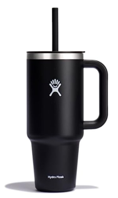 Hydro Flask Travel Tumbler with Handle Lid and Straw Insulated Stainless Steel in 40 Oz Black