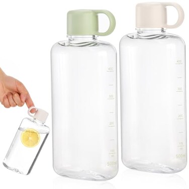 ZEAYEA 2 Pack Portable Flat Water Bottles 17 oz BPA Free Slim Drinking Bottle Plastic Travel Water Bottles for Gym Camping Office Travel