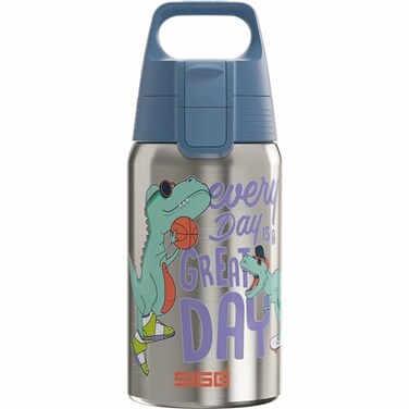 Sigg Stainless Steel Kids Water Bottle Shield Great Day Suitable for Carbonated Beverages Leakproof Lightweight BPA Free Brushed with Dino 17 Oz