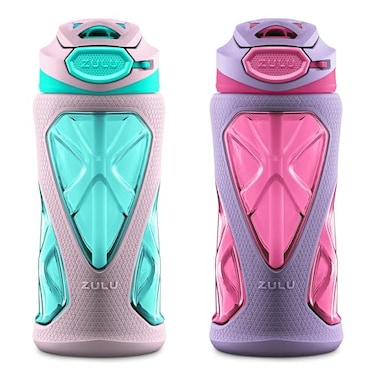 ZULU Torque 2 Pack 16oz Plastic Kids Water Bottle with Silicone Sleeve and LeakProof Locking Flip Lid Soft Touch Carry Loop for School Backpack Lunchbox BPAFree Dishwasher Safe Pink