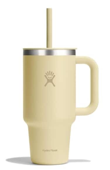 Hydro Flask Travel Tumbler with Handle Lid and Straw Insulated Stainless Steel in 32 Oz Starlight