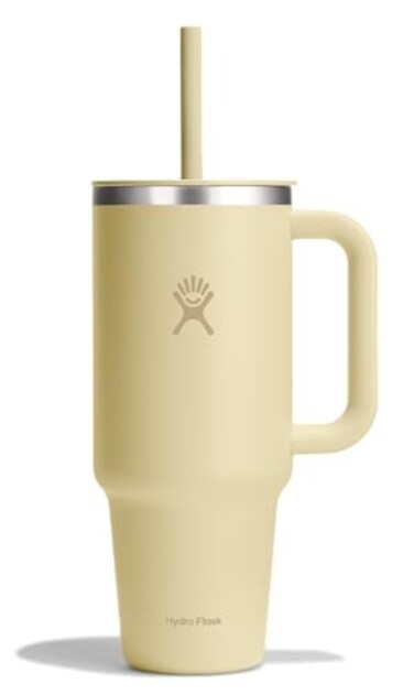Hydro Flask Travel Tumbler with Handle Lid and Straw Insulated Stainless Steel in 40 Oz Starlight