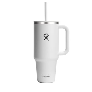 Hydro Flask Travel Tumbler with Handle Lid and Straw Insulated Stainless Steel in 40 Oz White