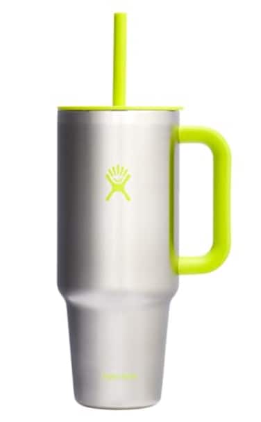 Hydro Flask Travel Tumbler with Handle Lid and Straw Insulated Stainless Steel in 40 Oz Stainless Steel Lime