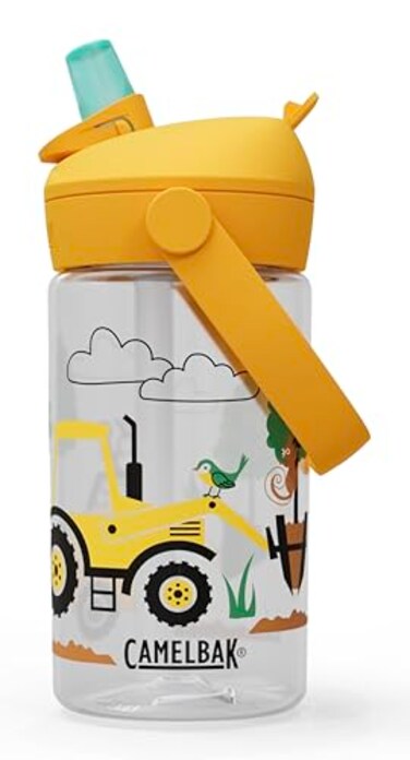 CamelBak Thrive Flip Straw Kids Water Bottle with Bite Valve Tritan Renew Design for School and Travel 14oz Tractors and Trees