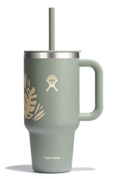 Hydro Flask 32 Oz Travel Tumbler with Handle Lid and Straw Insulated Stainless Steel in 32 Oz Botanical Bliss Green
