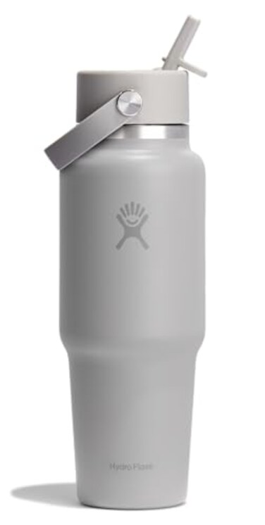 Hydro Flask Travel Water Bottle Insulated Stainless Steel Wide Straw Lid Non Spill Leakproof in 32 Oz Birch Gray