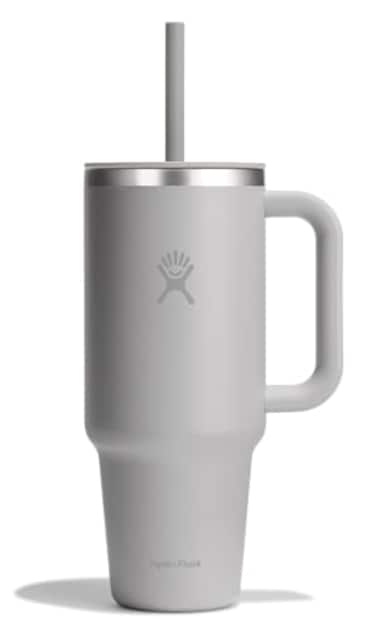 Hydro Flask Travel Tumbler with Handle Lid and Straw Insulated Stainless Steel in 40 Oz Tonal Birch Gray