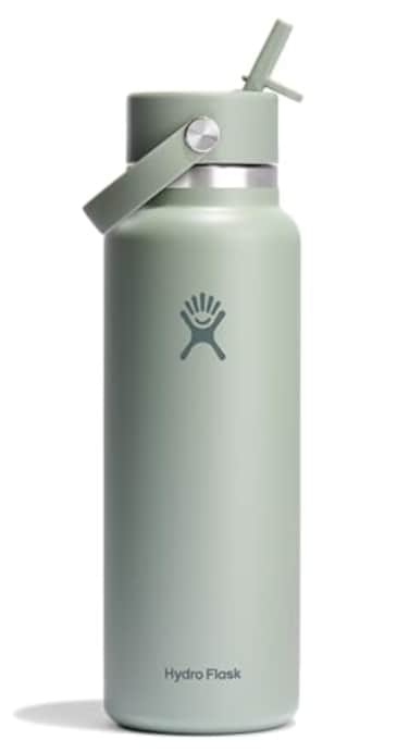 Hydro Flask Water Bottle Insulated Stainless Steel Wide Mouth Flex Straw Lid Non Spill Leakproof and Refillable in 40 Oz Tonal Agave