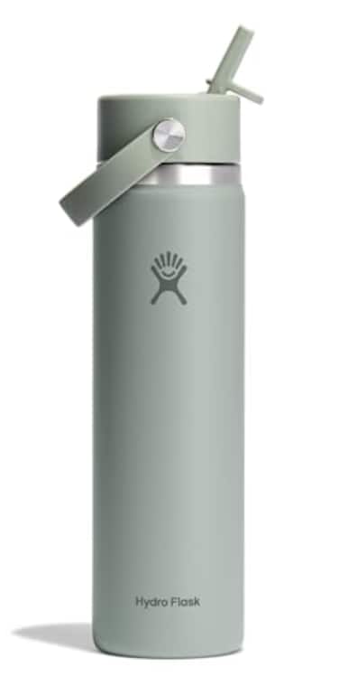 Hydro Flask Water Bottle Insulated Stainless Steel Wide Mouth Flex Straw Lid Non Spill Leakproof and Refillable in 24 Oz Tonal Agave