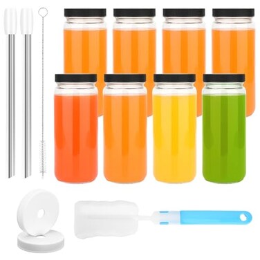 Zukro 16 oz Wide Mouth Glass Juice Bottles with Lids 2 Straws 8 Pack Leak Proof Clear Reusable Drinking Jar For Juicing Smoothie Water Bubble Tea Dishwasher Safe BPAFree