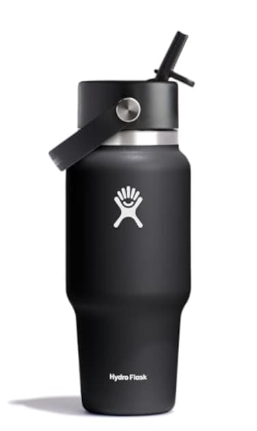 Hydro Flask Travel Water Bottle Insulated Stainless Steel Wide Straw Lid Non Spill Leakproof in 24 Oz Black