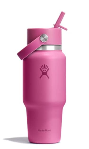 Hydro Flask Travel Water Bottle Insulated Stainless Steel Wide Straw Lid Non Spill Leakproof in 24 Oz Reef Pink