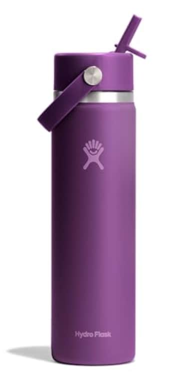 Hydro Flask Water Bottle Insulated Stainless Steel Wide Mouth Flex Straw Lid Non Spill Leakproof and Refillable in 24 Oz Beachplum Purple