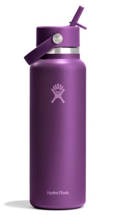 Hydro Flask Water Bottle Insulated Stainless Steel Wide Mouth Flex Straw Lid Non Spill Leakproof and Refillable in 40 Oz Beachplum Purple