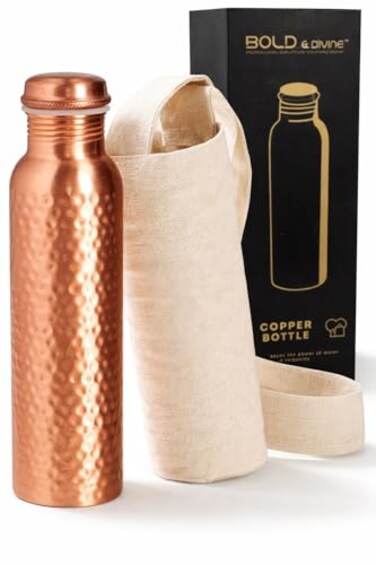BOLDDIVINE Bold Divine Premium 32oz Pure Copper Hammered Water Bottle for Drinking Ayurvedic Health Benefits Handcrafted Copper Water Vessel LeakProof Design RustFree Bonus Canvas Carry Bag
