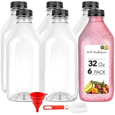 Stock Your Home 32 Oz Juice Bottles with Caps 6 Pack Reusable Clear Plastic Drink Containers for Mini Fridge Water Bottles Bulk Includes Labels Brush Funnel