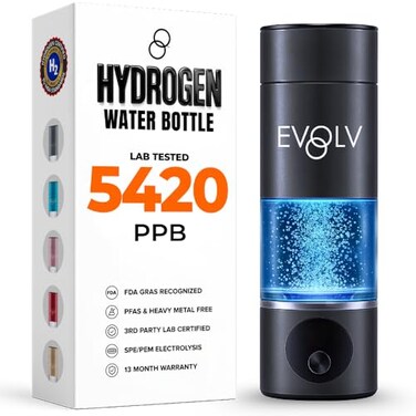 EVOLV Hydrogen Water Bottle Generator SPE PEM Water Ionizer 5PPM Highest Concentrated Dose 8oz Hydrogenated Water Bottle for Improved Energy Inflammation Support Convenient Easy to Use