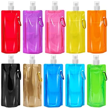 Erinnmy 10 Pcs Collapsible Foldable Water Bottle 480ml Leak Proof with Carabiner BPA Free Reusable Drinking Bags for Travel Gym Camping Hiking