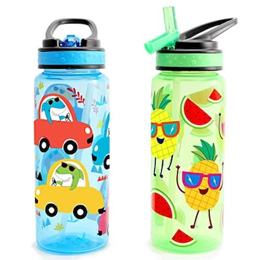 Home Tune 23oz Kids Water Drinking Bottle 2 Pack BPA Free Flip Straw Lid Cap Lightweight Carry Handle LeakProof Water Bottle with Cute Design For Girls Boys Dinosaur Fruit