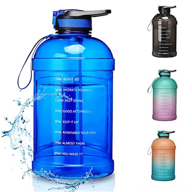 KEVENZ Water Bottle with Time Marker 1 Gallon Water Bottle with Straw Leakproof Water Jug BPA Free Blue
