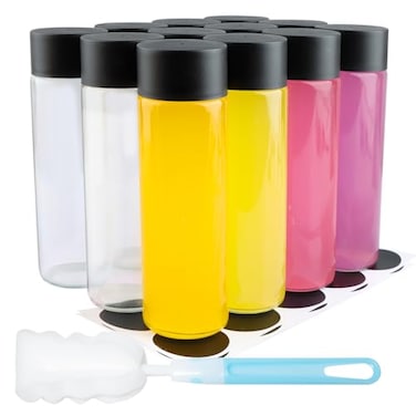 HWASHIN 12 Pack 12oz Glass Water Bottles 350ml Empty Glass Drink Bottles with Black Lids Brush Labels Clear Reusable Juice Bottles for Juicing Homemade Smoothies Beverages