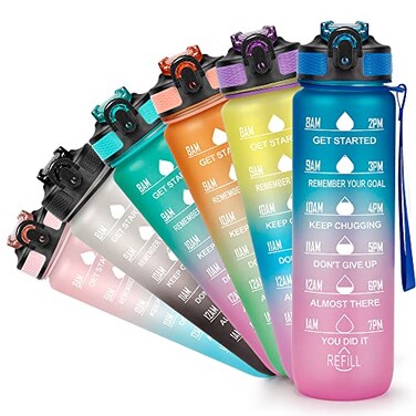 YC Kitchen Motivational Water Bottle with Time Marker 32oz Leakproof BPA Free Sports Water Bottles with Straw Carrying Strap
