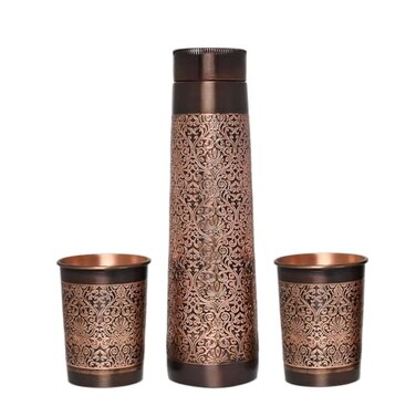 HealthGoodsIn Pure Copper Water Bottle with 2 Tumblers Set Beautiful Floral Pattern Light House Shape For Ayurveda Health Benefits