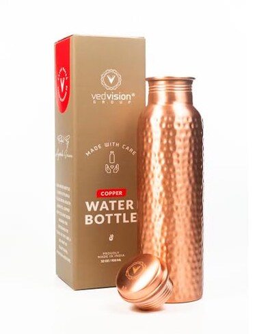 VedVision Copper Water Bottle 32 Oz Pure Copper Water Bottle for Drinking Hammered Finish Design LeakProof TravelFriendly Wide Mouth