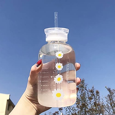 JZSMY 480ml Milk Juice Cute Water Bottle with Scale 2 Lids Little daisy Matte Portable Transparent Water Cup Grass Bottles Creative Handy CupFour Flower