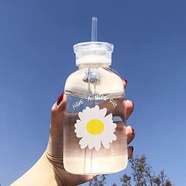 JZSMY 480ml Milk Juice Cute Water Bottle with Scale 2 Lids Little daisy Matte Portable Transparent Water Cup Glass Bottles Creative Handy Cup Transparent 1 flower
