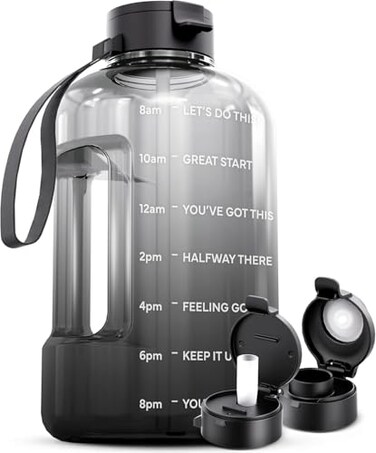 AQUAFIT 128 oz Water Bottle with Time Marker Straw Chug Lid BPA Free 1 Gallon Gym Water Bottle with Handle Big Gallon Jug Midnight Gray 128 Ounces