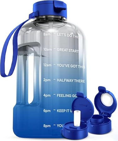 AQUAFIT 128 oz Water Bottle with Time Marker Straw Chug Lid BPA Free 1 Gallon Gym Water Bottle with Handle Big Gallon Jug Blue Skies 128 Ounces