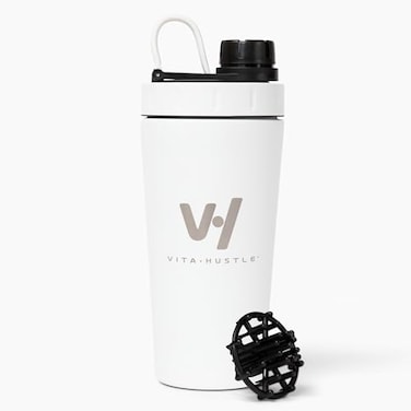 VitaHustle Stainless Steel Shaker Cup with Twist Off Cap Leakproof Blender Ball Perfect for Protein Shakes or Post Workout Fits Car Cup Holder BPA Free 20 oz White