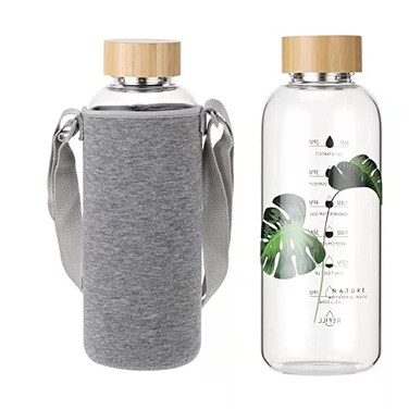 Ttifangix 50 Oz Glass Water Bottle Wide Mouth with Time Markers Bamboo Lid Neoprene Sleeve Bpa Free