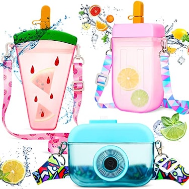 Honeydak 3 Pieces Cute Water Bottles with Straws Creative Kawaii Camera Shaped Ice Cream Bar Watermelon Adjustable Strap Plastic Water Bottle for Travel School Sport Kids Fresh Style Red Pink Blue