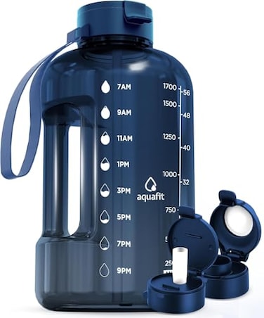 AQUAFIT 64 oz Water Bottle with Time Marker Straw Chug Lid BPA Free Half Gallon Gym Water Bottle with Handle Big Gallon Jug Nebula 64 Ounces