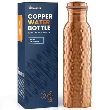 Moscow-Mix 100 Copper Water Bottle 34 oz Extra Large Hammered Finish Pure Copper Water Bottle for Drinking Handcrafted Ayurvedic LeakProof Vessel for Healthy Hydration Premium Ocean Blue Gift Box