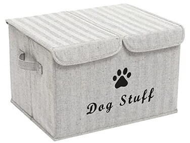 Brabtod Large Dog Toys Storage Box Canvas Storage Basket Bin Organizer with Lid Collapsible Linen Bin Ideal for Organizing Dog Cat Toys and pet StuffPP Boad17 x 12 x 10 Gray Stripe
