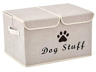 Brabtod Large Dog Toys Storage Box Canvas Storage Basket Bin Organizer with Lid Collapsible Linen Bin Ideal for Organizing Dog Cat Toys and pet StuffPP Boad17 x 12 x 10 Beige